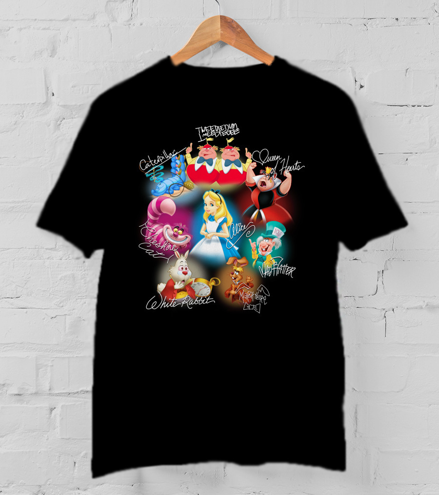 Alice Tweedledee Tweedledum Queen Hearts Cheshire Cat White Rabbit Mad Hatter Caterpillar March Hare Signatures T-Shirt