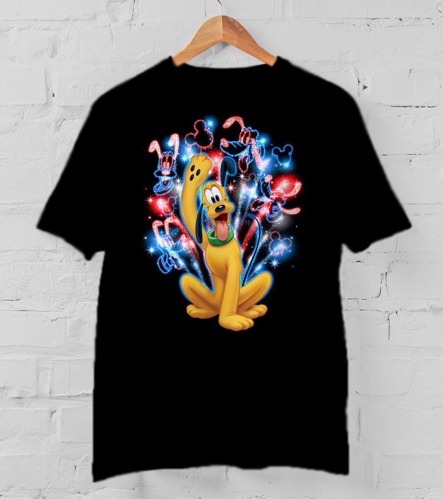 Pluto Disney Fireworks With Mickey Mouse Outlines T-Shirt