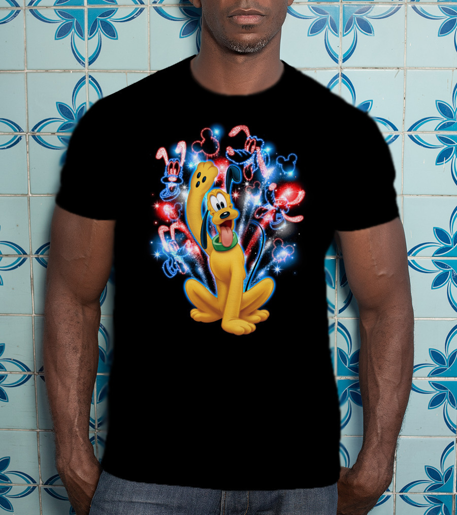 Pluto Disney Fireworks With Mickey Mouse Outlines T-Shirt