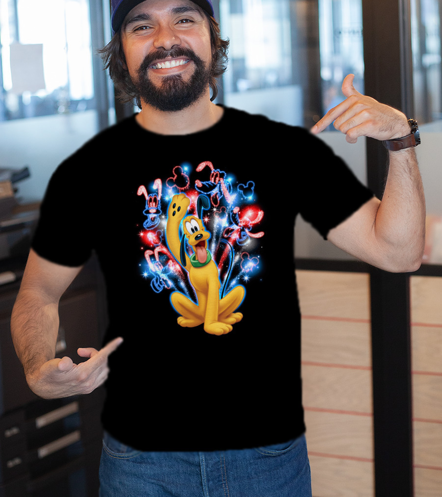 Pluto Disney Fireworks With Mickey Mouse Outlines T-Shirt