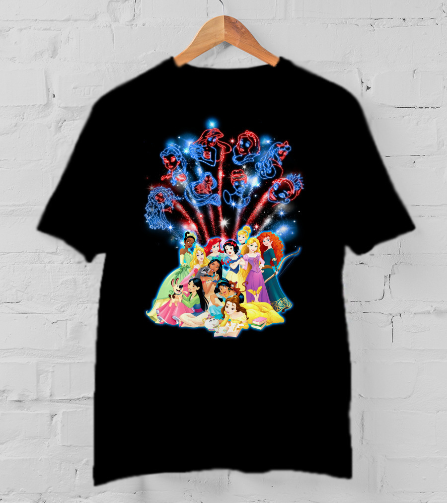 Disney Princess Characters And Fireworks T-Shirt