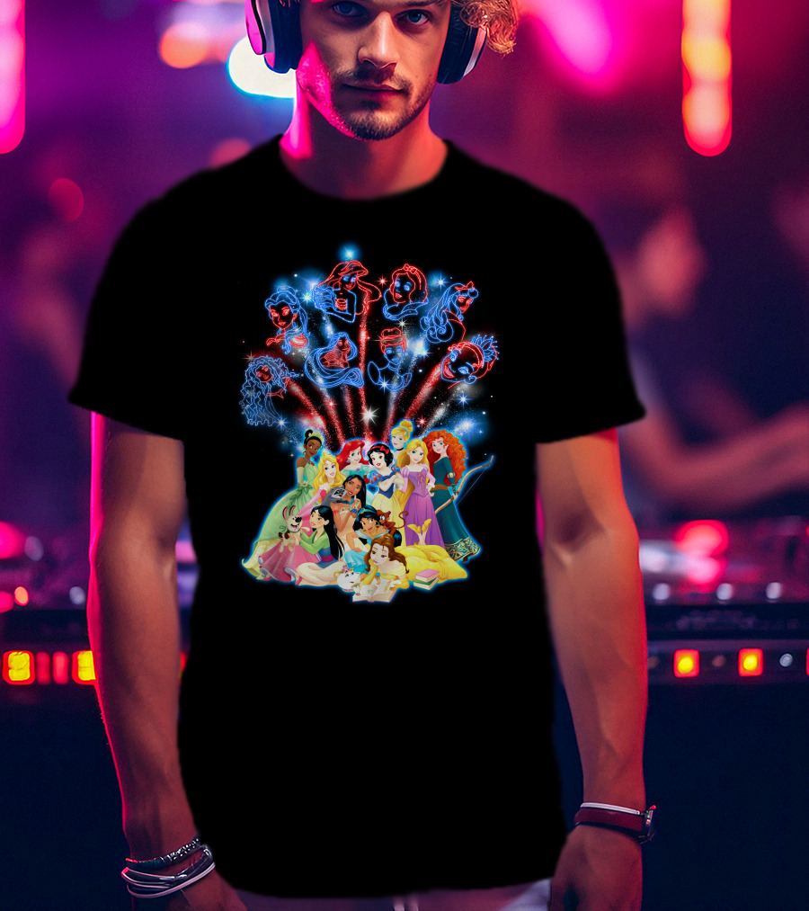 Disney Princess Characters And Fireworks T-Shirt