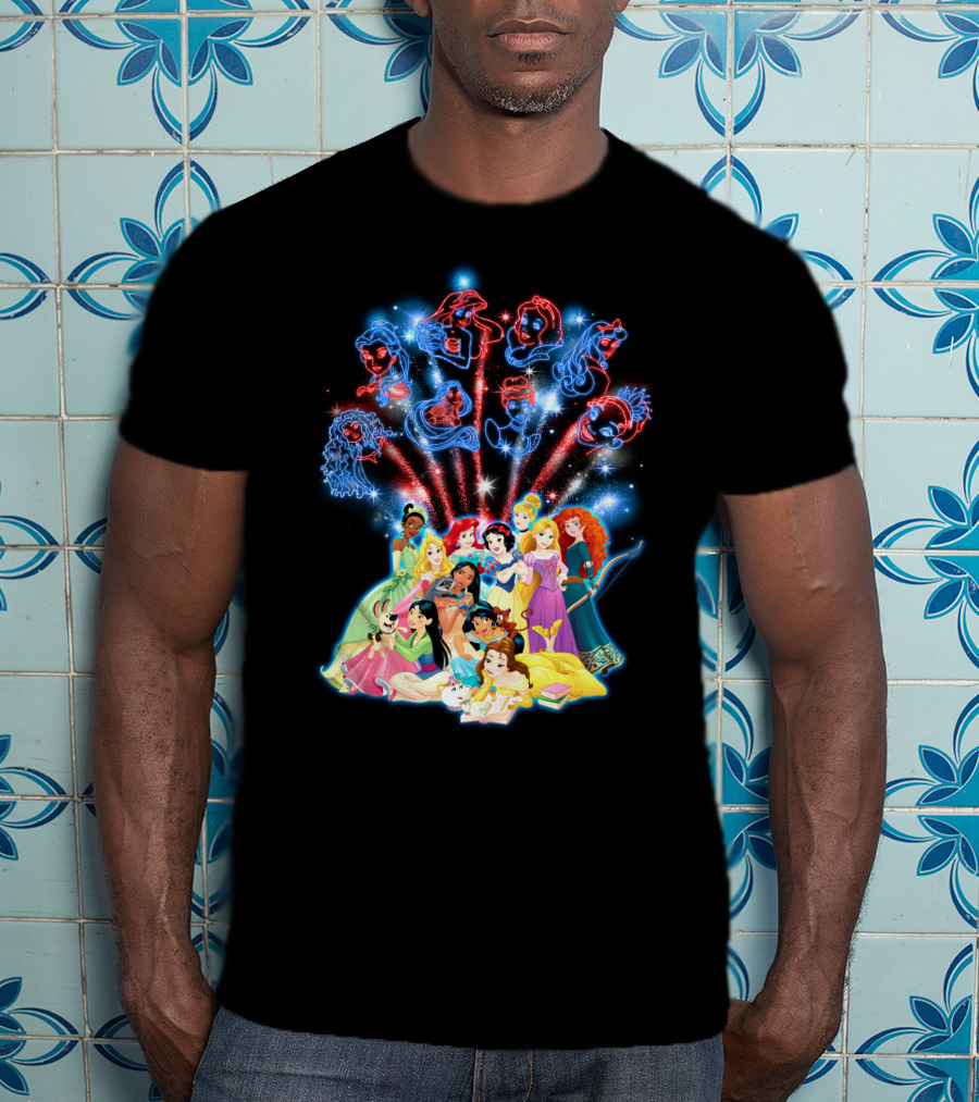 Disney Princess Characters And Fireworks T-Shirt