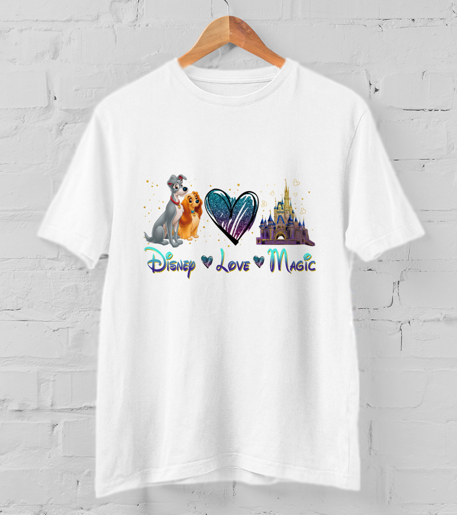 Disney Lady And The Tramp Love Magic Castle Hearts T-Shirt