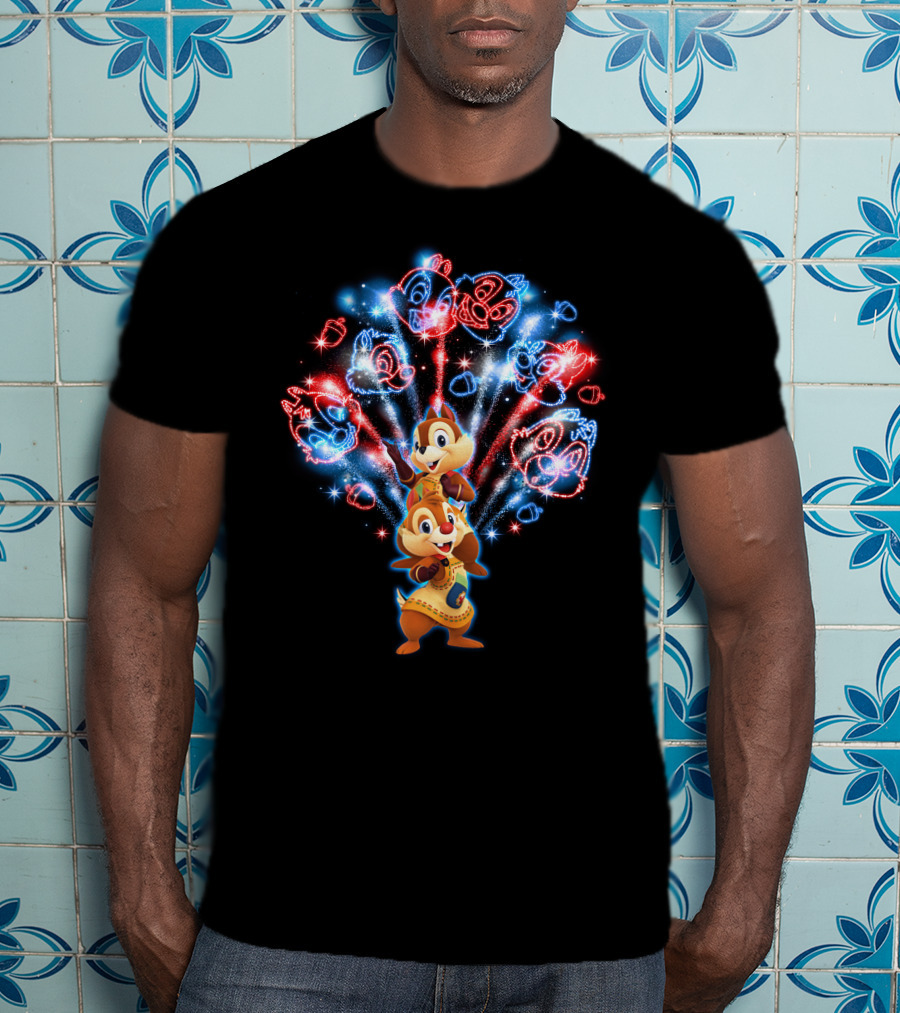 Chip N Dale Red And Blue Firework Display With Chipmunk Faces T-Shirt