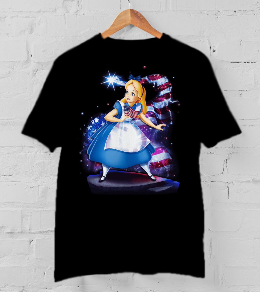 Alice Holding American Flag In Wonderland With Stars And Stripes Background T-Shirt