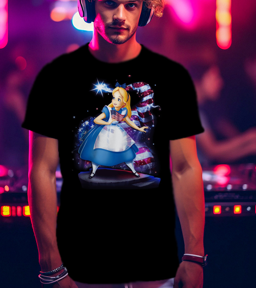 Alice Holding American Flag In Wonderland With Stars And Stripes Background T-Shirt