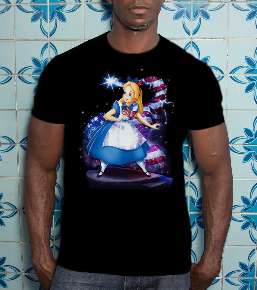 Alice Holding American Flag In Wonderland With Stars And Stripes Background T-Shirt