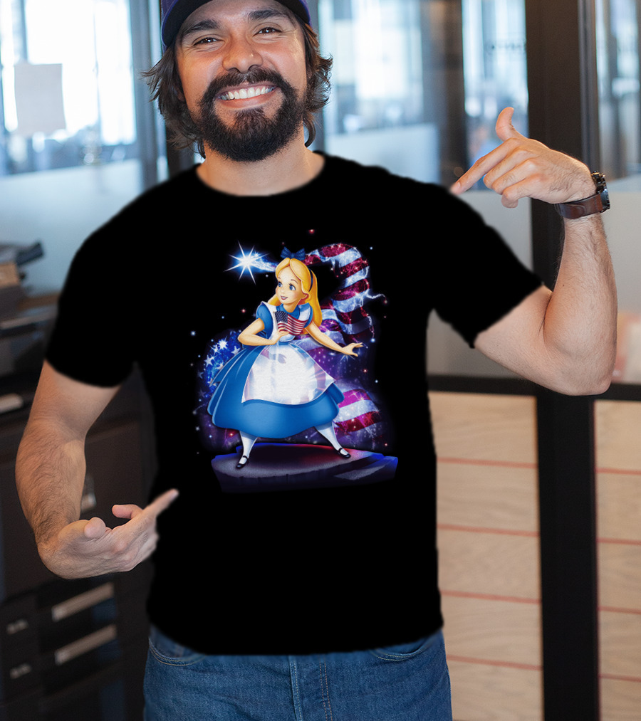 Alice Holding American Flag In Wonderland With Stars And Stripes Background T-Shirt