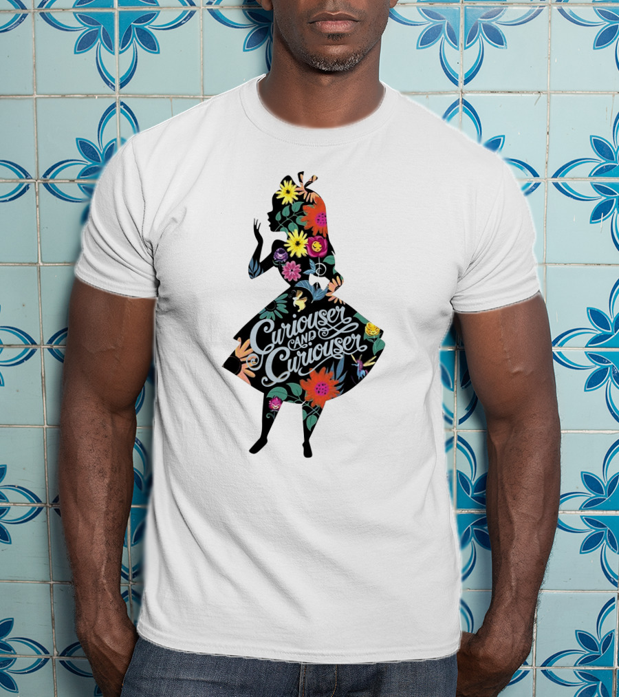 Curiouser And Curiouser Alice Silhouette With Colorful Floral T-Shirt