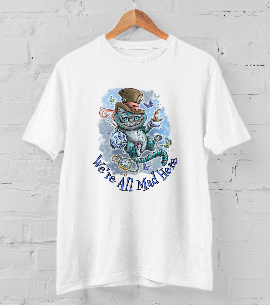 Cheshire Cat We're All Mad Here Mad Hatter Tea Party Butterflies Pocket Watch T-Shirt