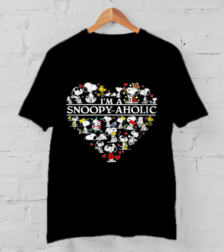 I'm A Snoopy-Aholic Peanuts Heart Collage Of Snoopy And Woodstock With Love Hearts T-Shirt