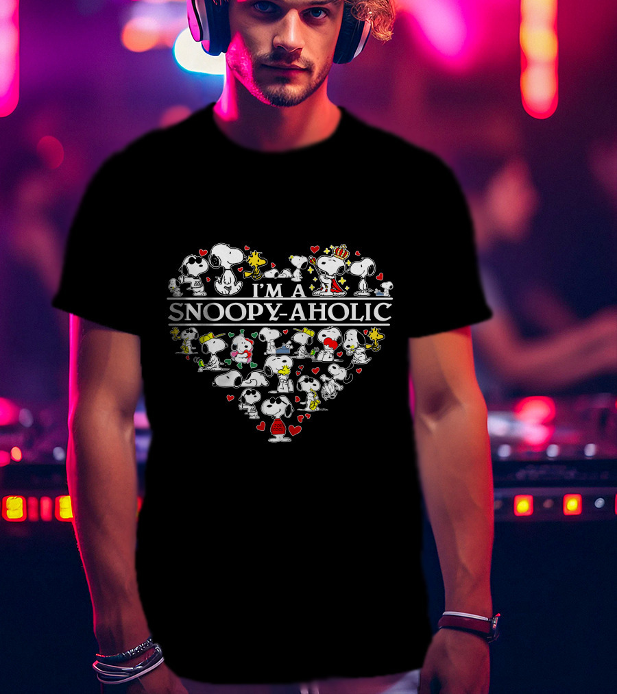 I'm A Snoopy-Aholic Peanuts Heart Collage Of Snoopy And Woodstock With Love Hearts T-Shirt