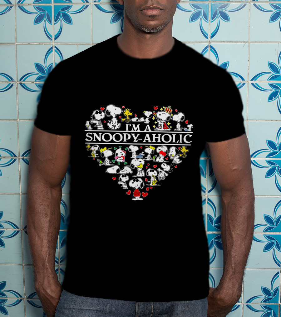 I'm A Snoopy-Aholic Peanuts Heart Collage Of Snoopy And Woodstock With Love Hearts T-Shirt