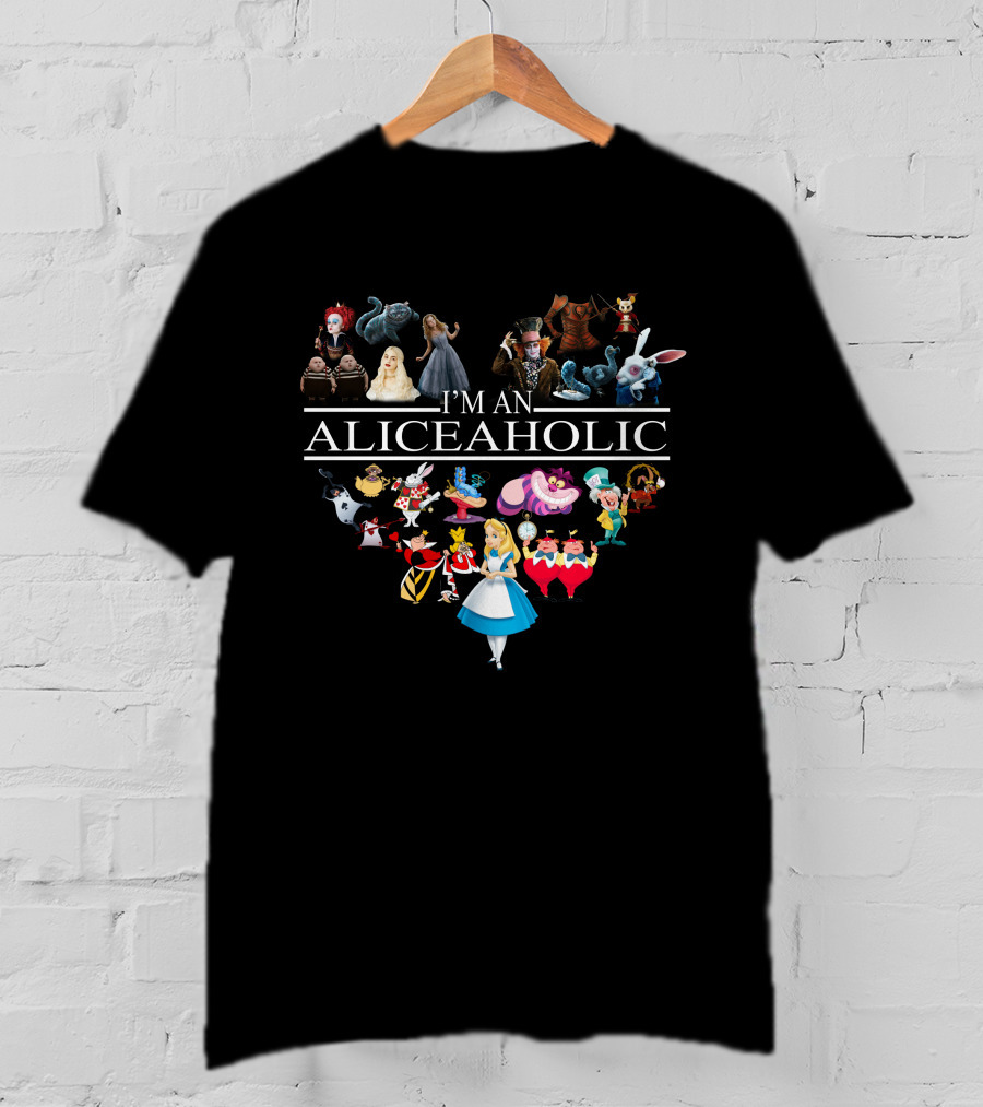 I'm An Aliceaholic Alice In Wonderland Characters Heart Shaped Collage T-Shirt