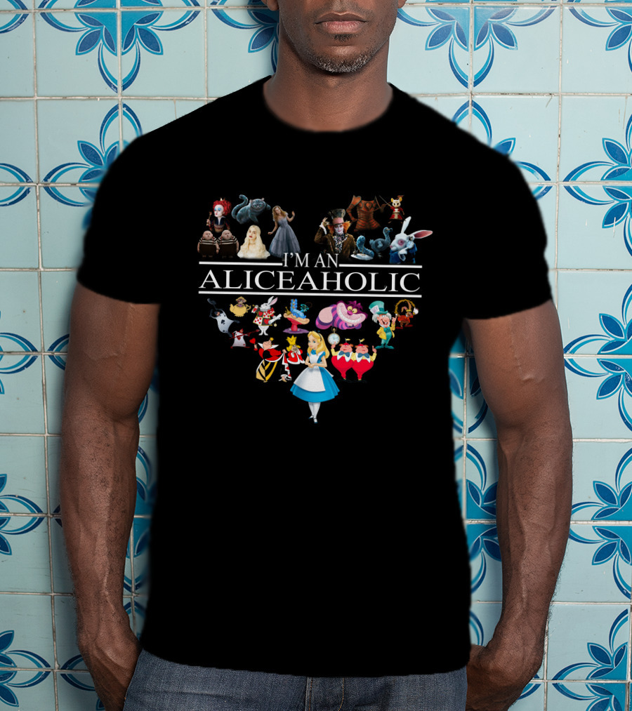 I'm An Aliceaholic Alice In Wonderland Characters Heart Shaped Collage T-Shirt