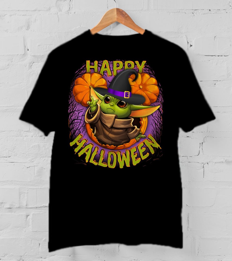 Happy Halloween Baby Yoda Magic Pumpkin Wizard Hat T-Shirt