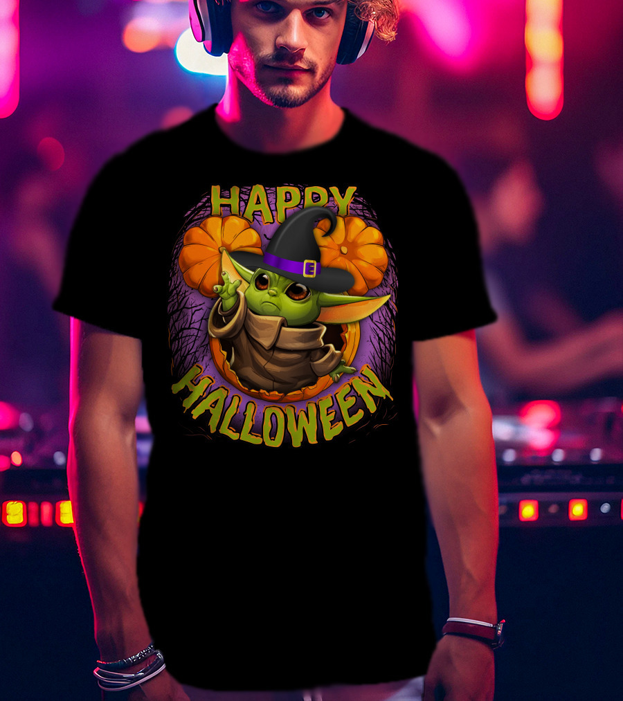 Happy Halloween Baby Yoda Magic Pumpkin Wizard Hat T-Shirt