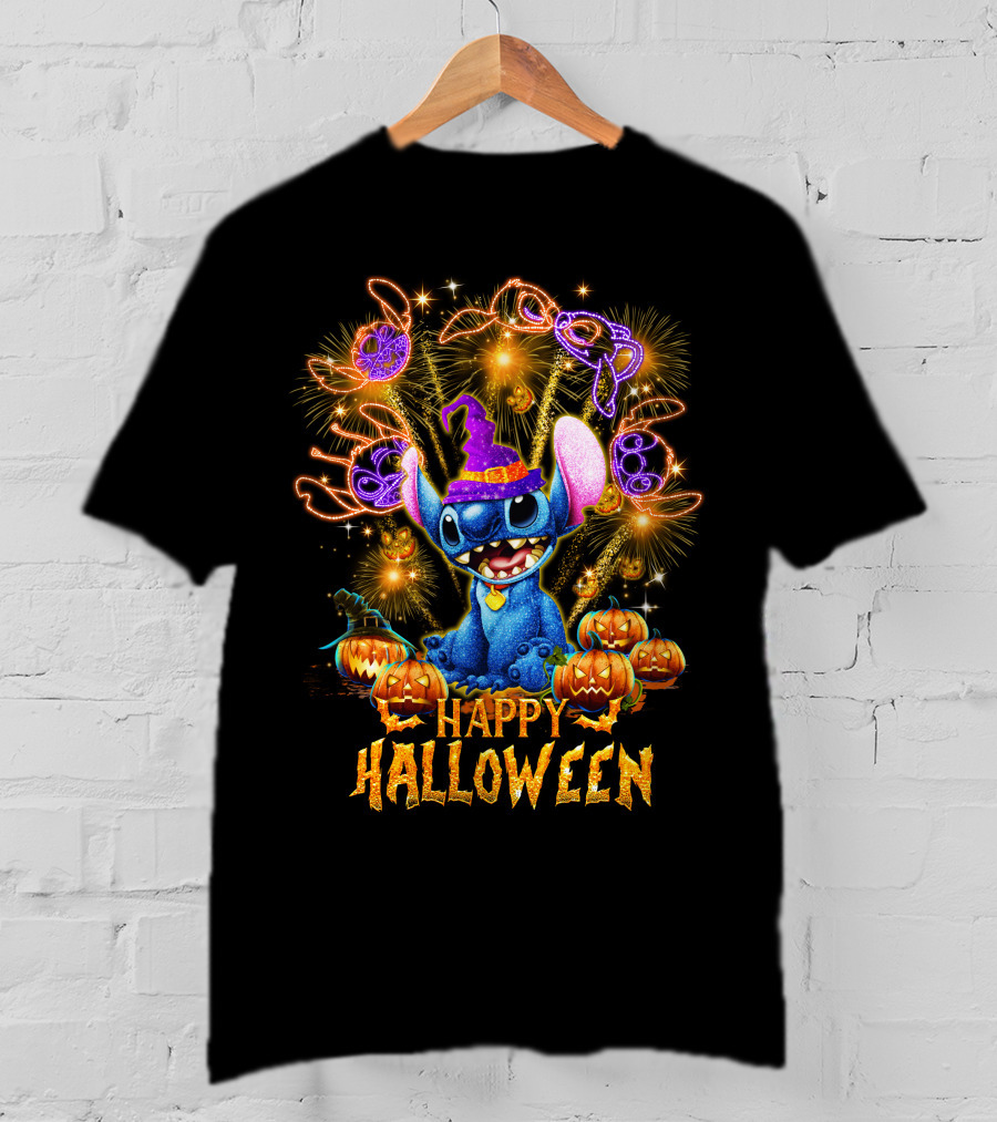 Stitch Happy Halloween Firework Display With Pumpkins And Witch Hat T-Shirt
