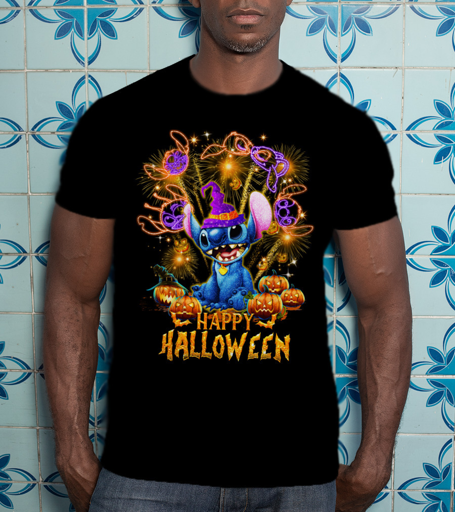 Stitch Happy Halloween Firework Display With Pumpkins And Witch Hat T-Shirt