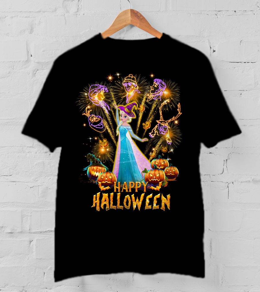 Elsa Happy Halloween With Fireworks And Pumpkins T-Shirt