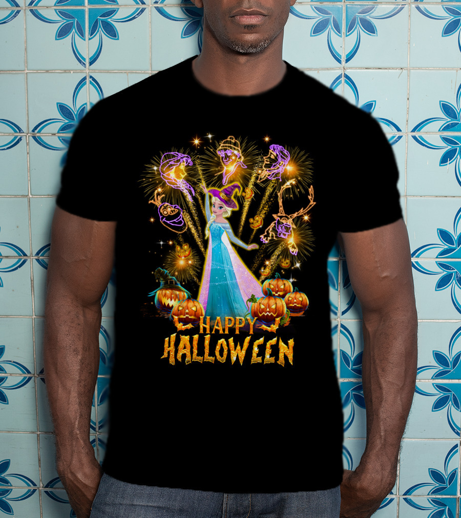 Elsa Happy Halloween With Fireworks And Pumpkins T-Shirt
