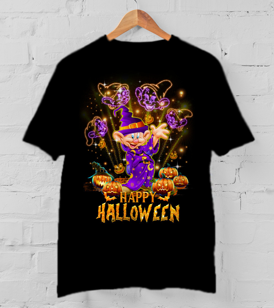 Happy Halloween Dopey In Wizard Hat With Fireworks And Pumpkins T-Shirt