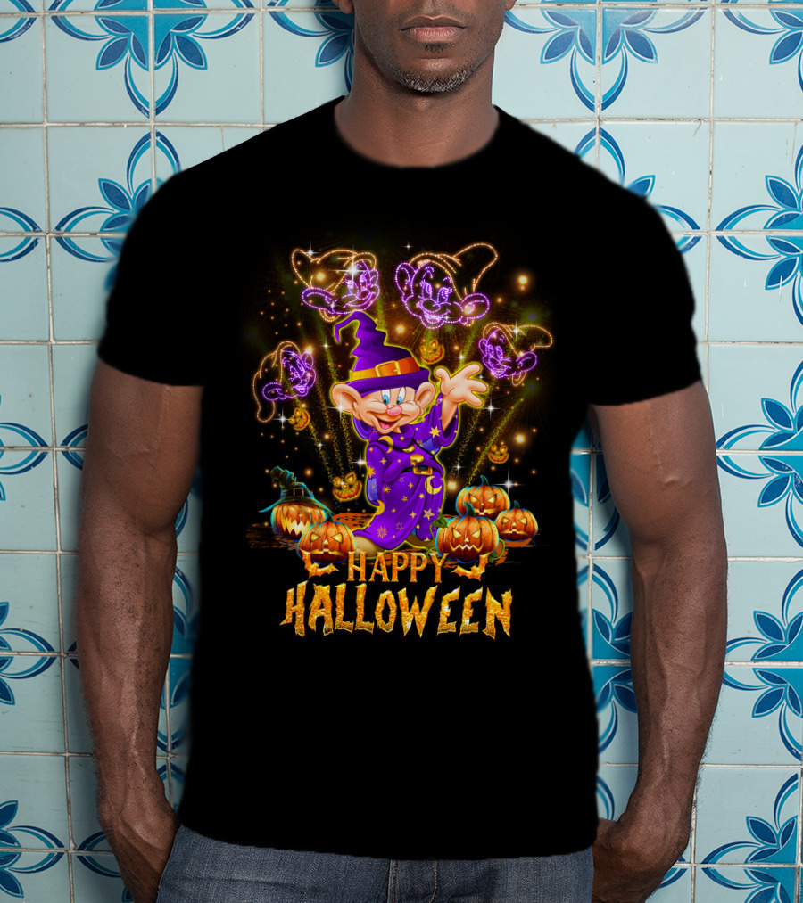 Happy Halloween Dopey In Wizard Hat With Fireworks And Pumpkins T-Shirt