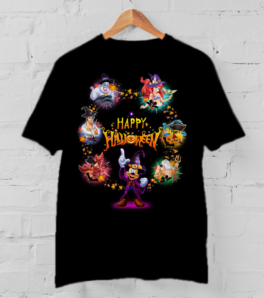 Happy Halloween Mickey Ariel Ursula Sebastian Pirate Captain Hook Disney Characters T-Shirt