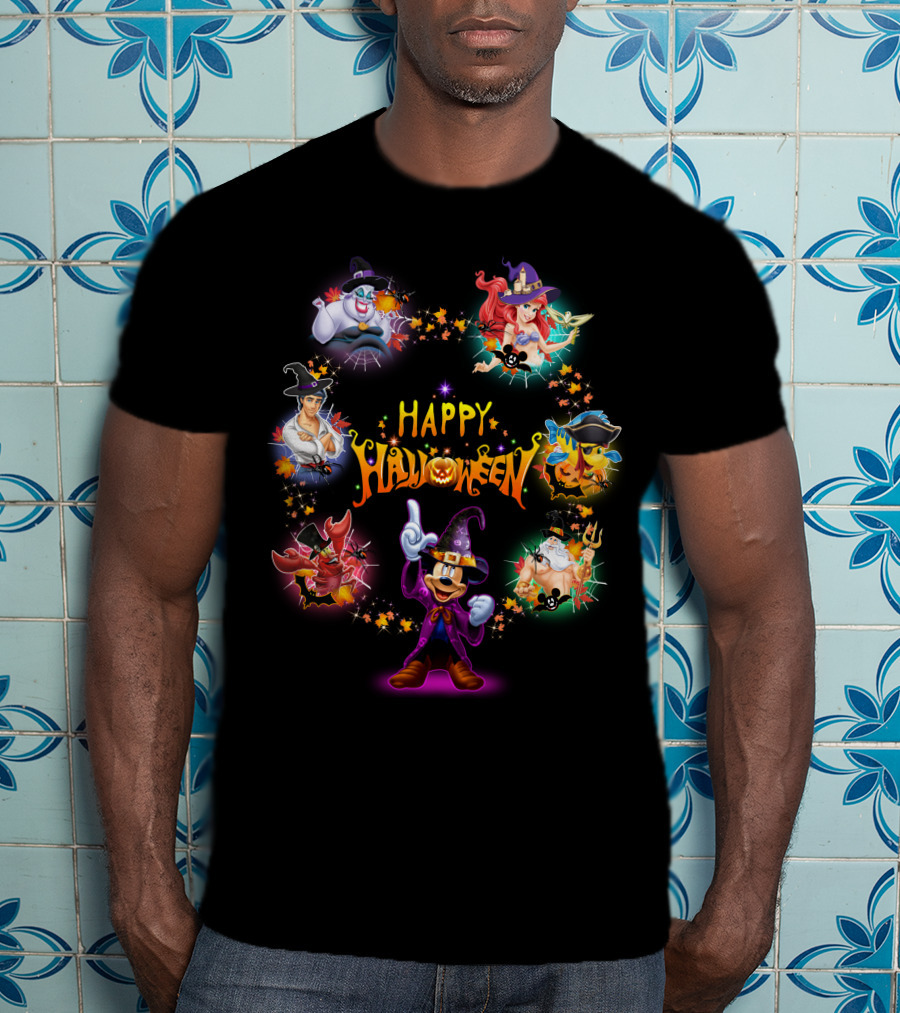 Happy Halloween Mickey Ariel Ursula Sebastian Pirate Captain Hook Disney Characters T-Shirt