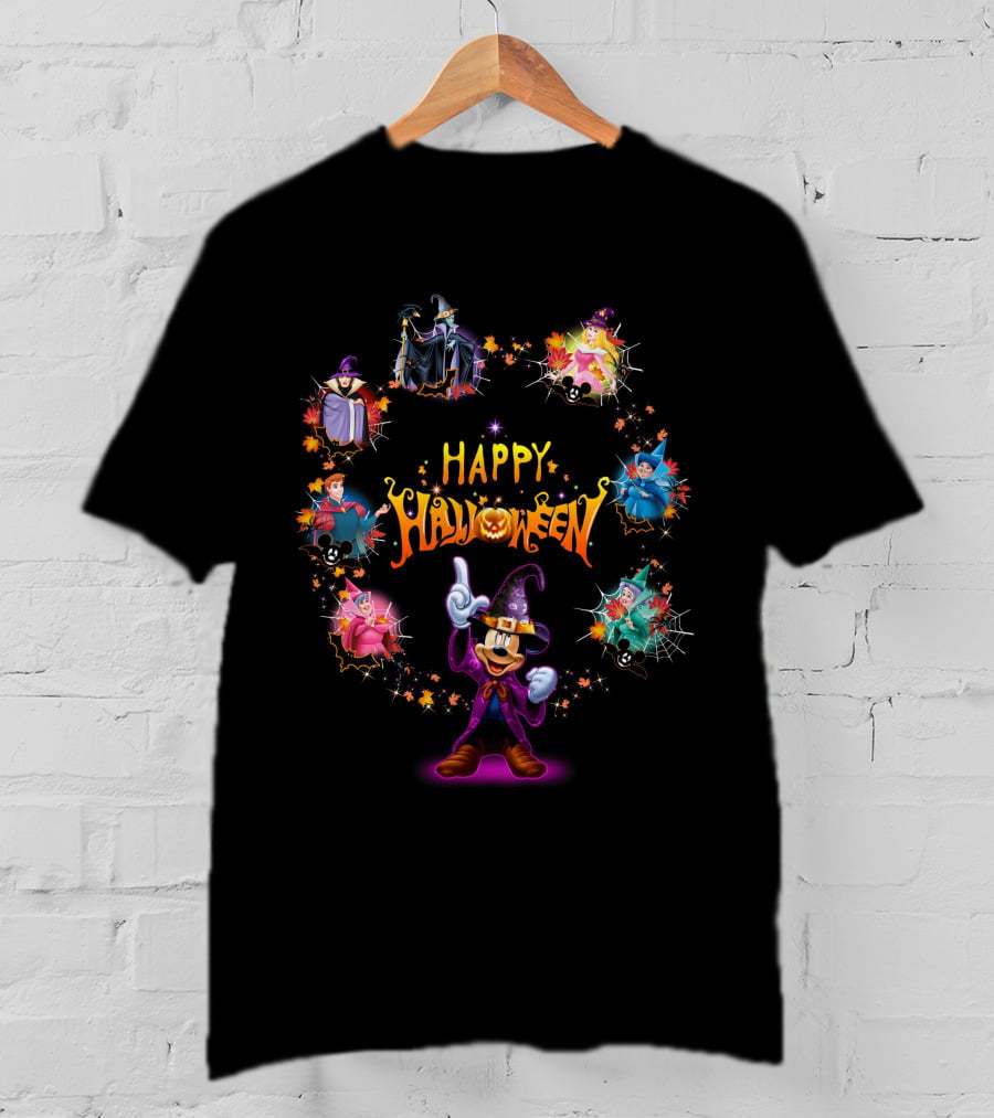 Happy Halloween Maleficent And Mickey Mouse In Wizard Outfit Magic Scene T-Shirt