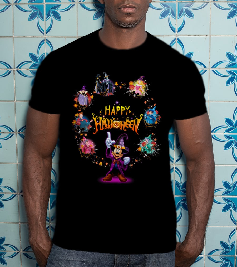 Happy Halloween Maleficent And Mickey Mouse In Wizard Outfit Magic Scene T-Shirt
