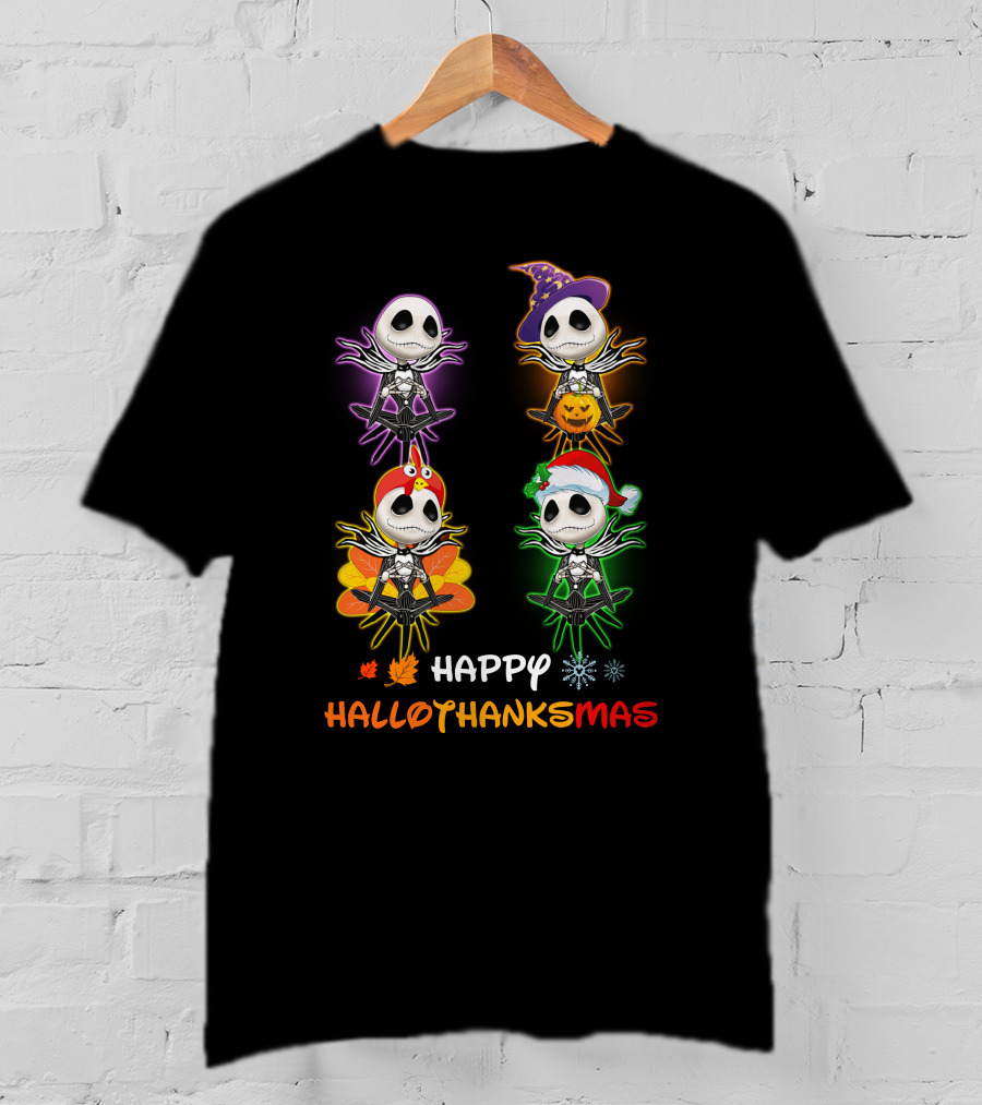 Happy Hallothankmas Jack Skellington Pumpkin Hat Turkey Leaf Snowflake T-Shirt