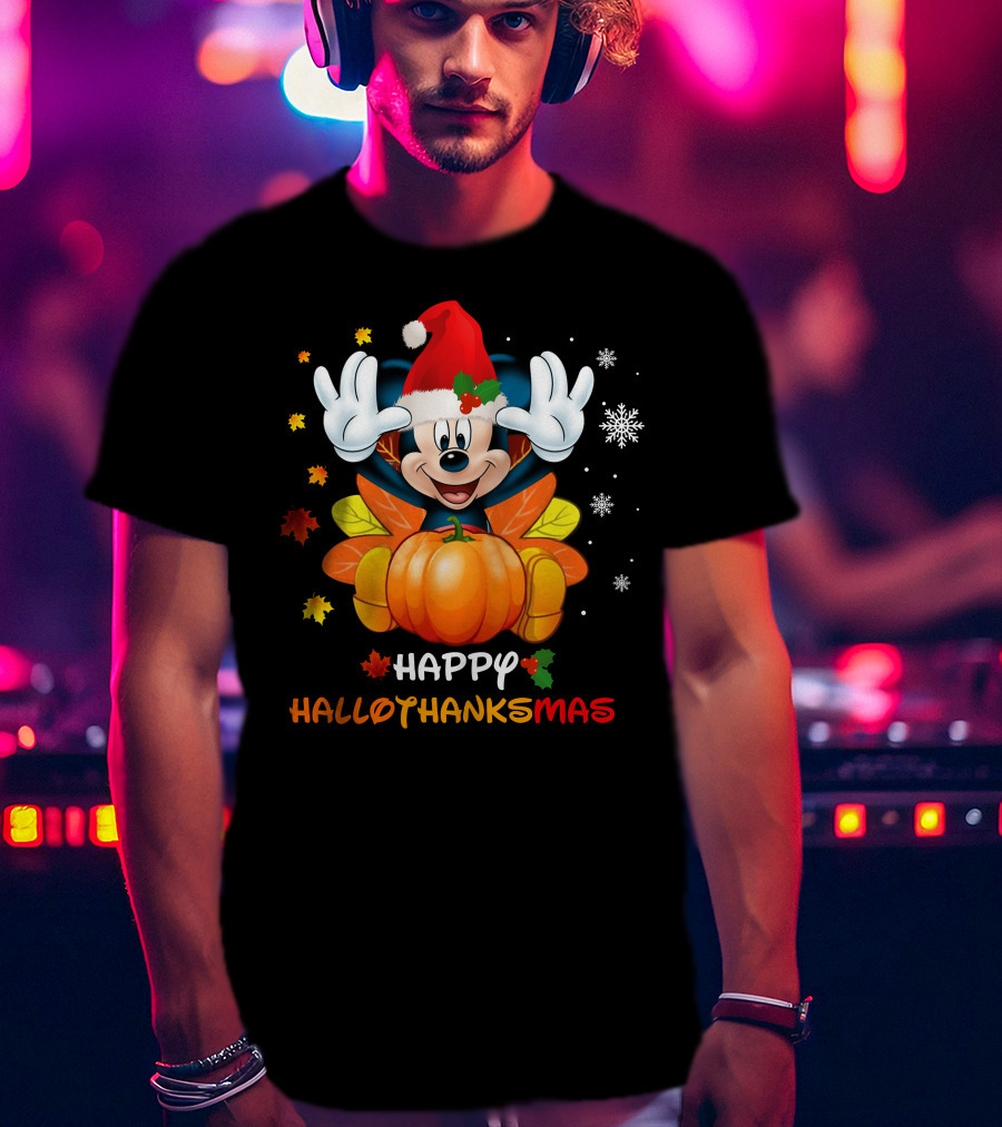 Happy Mickey Hallothankmas Pumpkin Snowflakes Leaves Santa Hat T-Shirt