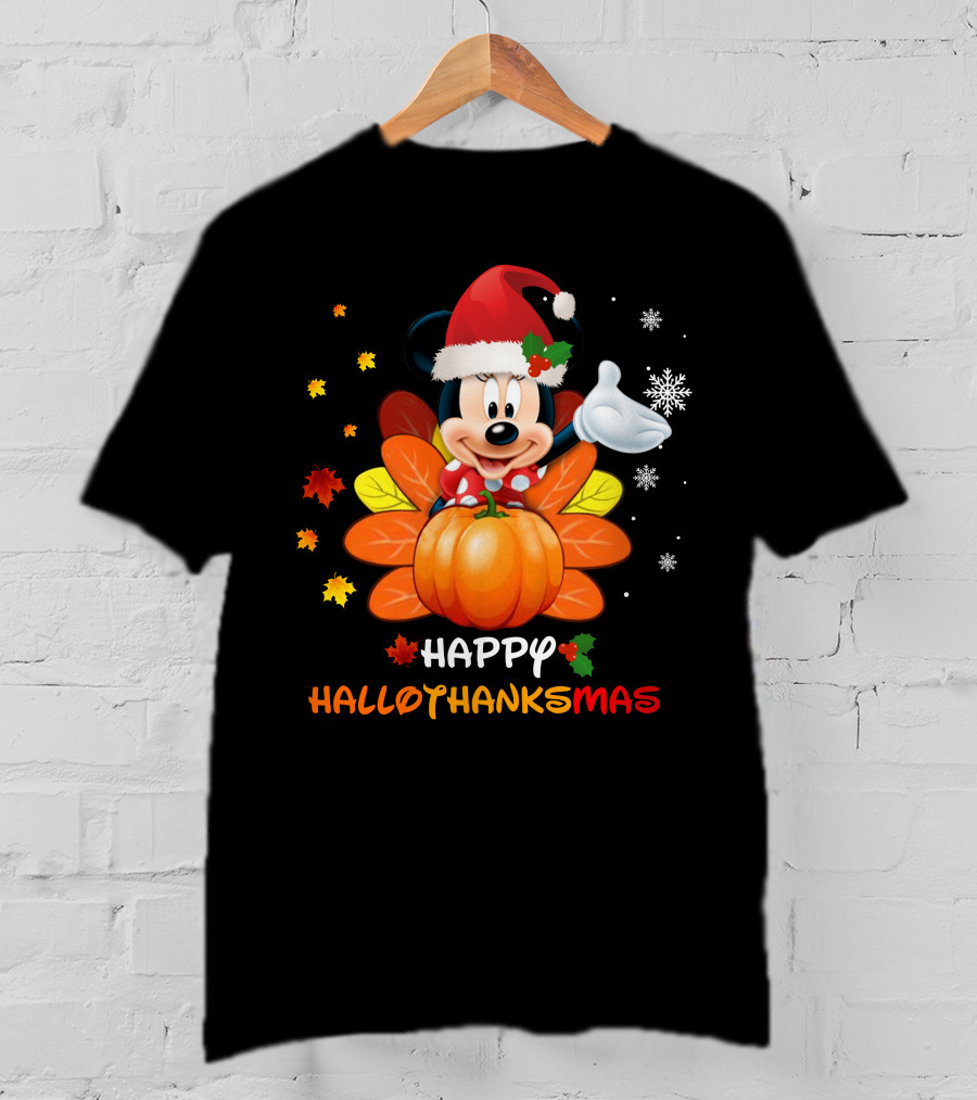 Happy Hallothankmas Minnie With Pumpkin And Santa Hat T-Shirt