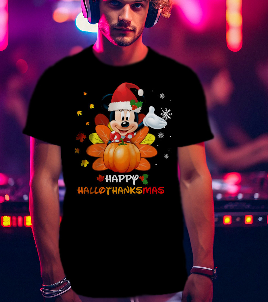 Happy Hallothankmas Minnie With Pumpkin And Santa Hat T-Shirt