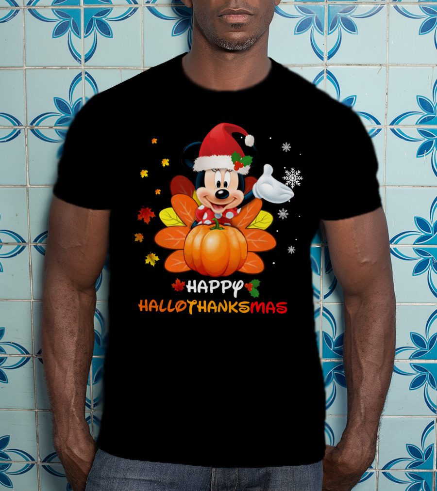 Happy Hallothankmas Minnie With Pumpkin And Santa Hat T-Shirt