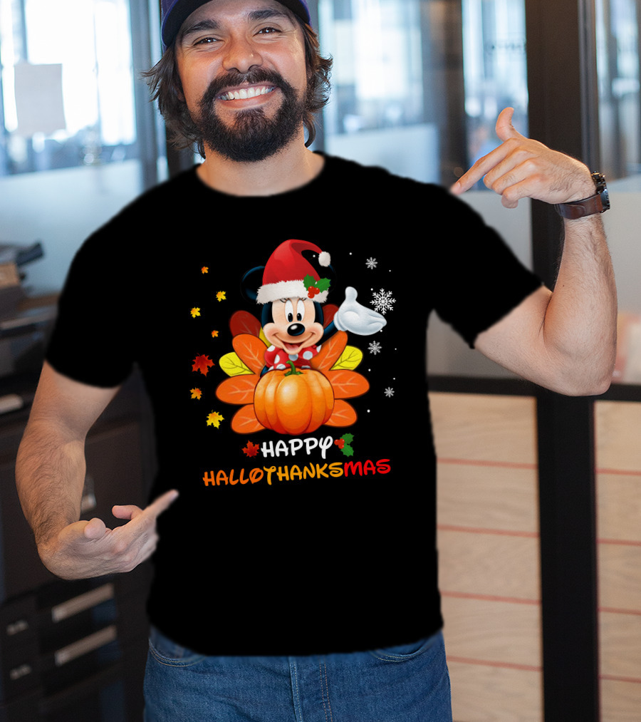 Happy Hallothankmas Minnie With Pumpkin And Santa Hat T-Shirt
