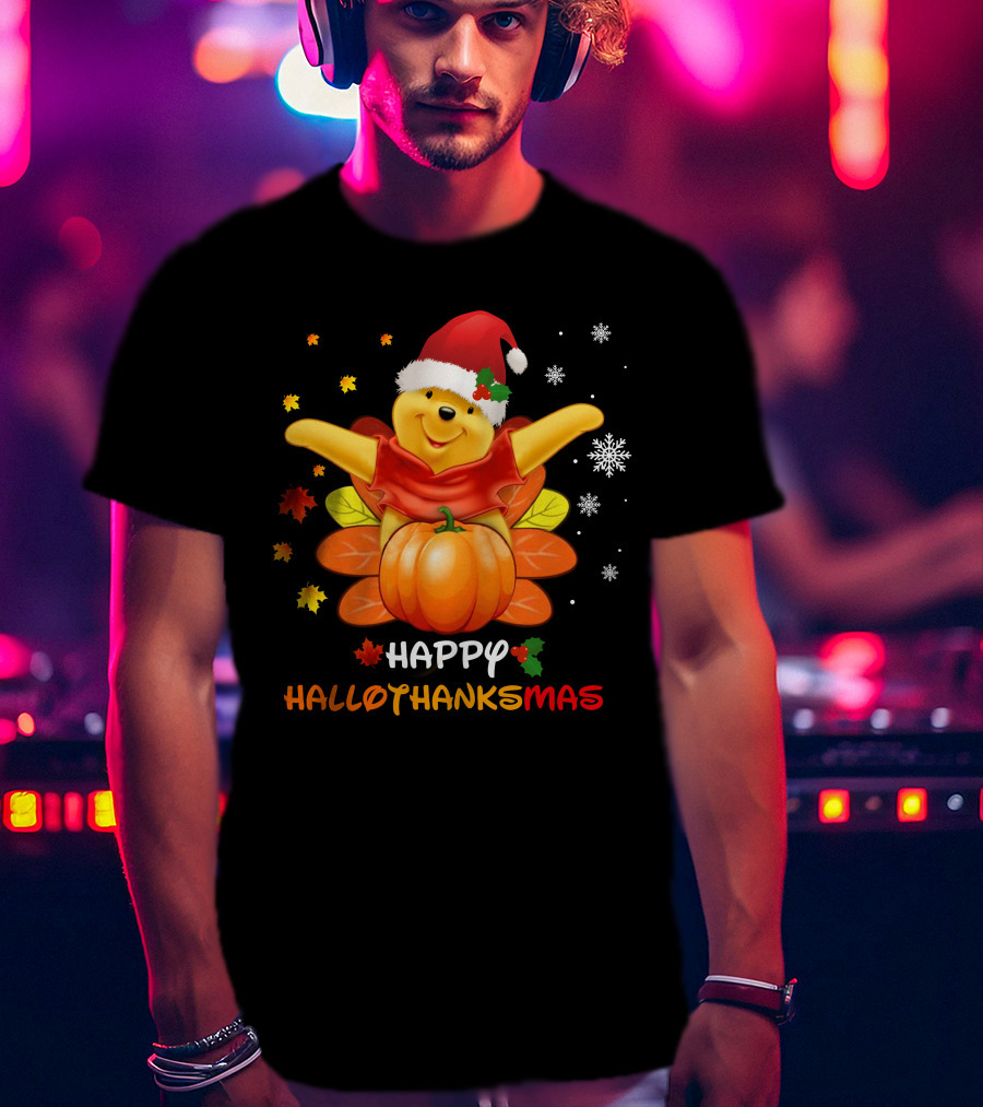Happy Hallothankmas Pooh Pumpkin Santa Hat T-Shirt