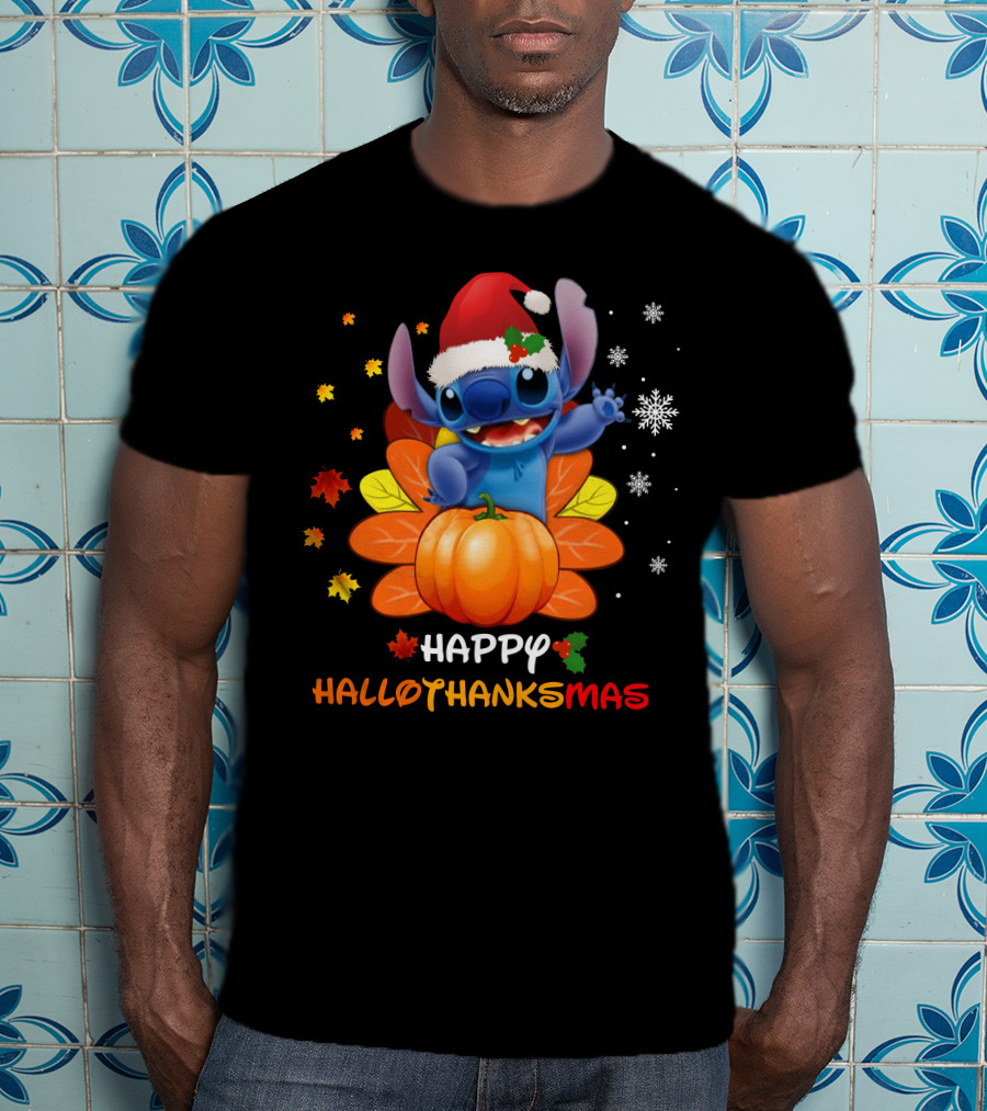 Happy Hallothankmas Stitch With Santa Hat Pumpkin Leaves Snowflakes T-Shirt