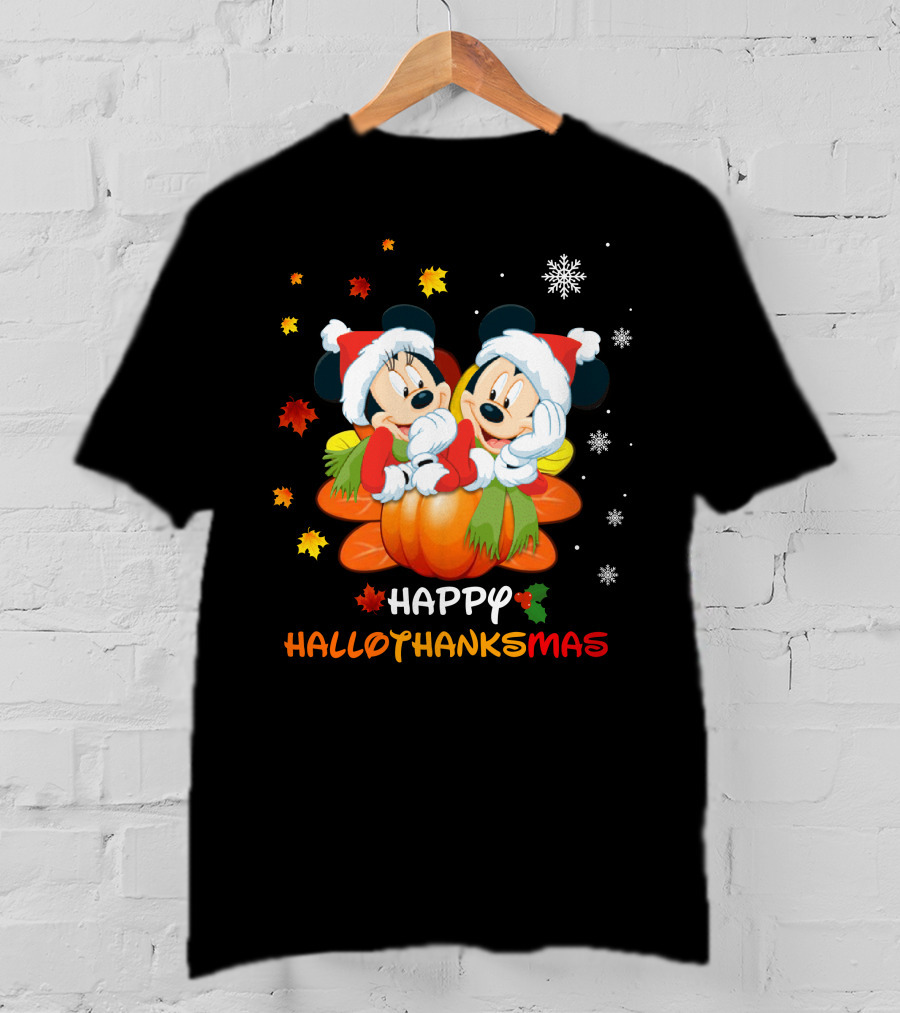 Happy Mickey And Minnie Hallothankmas Snowflakes Pumpkins Leaves T-Shirt