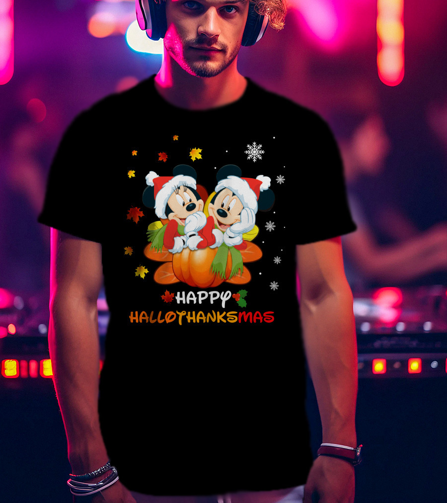 Happy Mickey And Minnie Hallothankmas Snowflakes Pumpkins Leaves T-Shirt