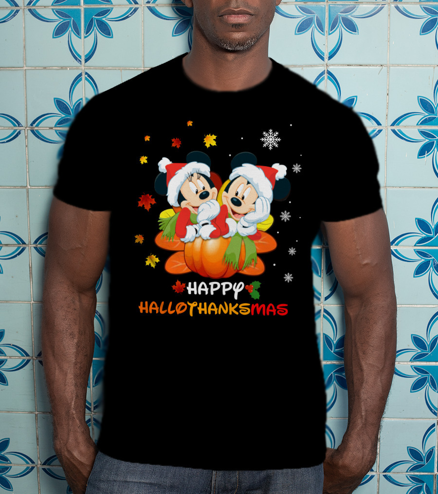 Happy Mickey And Minnie Hallothankmas Snowflakes Pumpkins Leaves T-Shirt