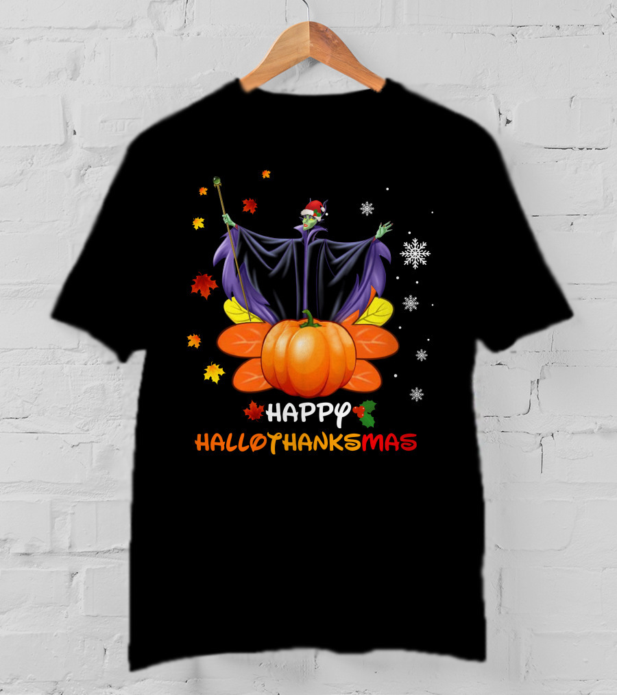 Happy Hallothankmas Maleficent Pumpkin Snowflakes Leaves Santa Hat T-Shirt