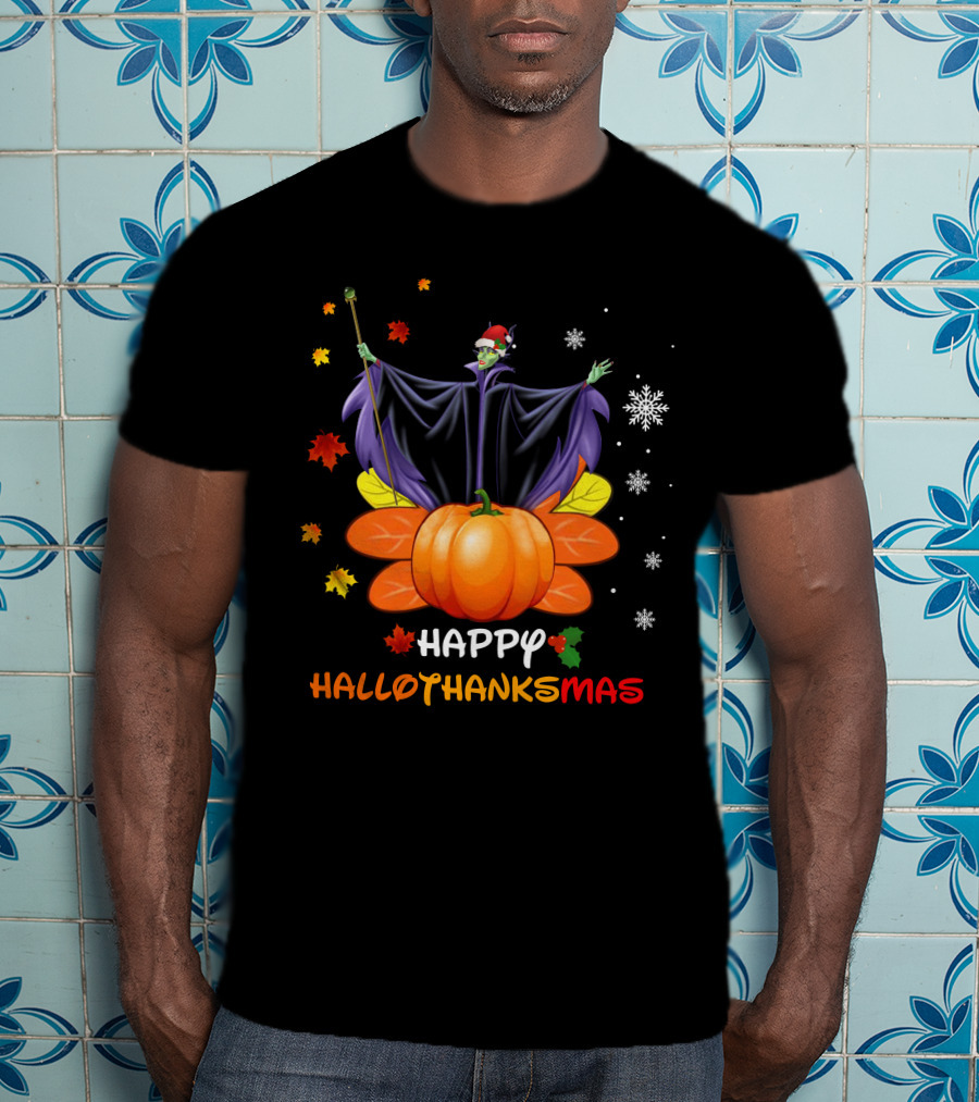 Happy Hallothankmas Maleficent Pumpkin Snowflakes Leaves Santa Hat T-Shirt