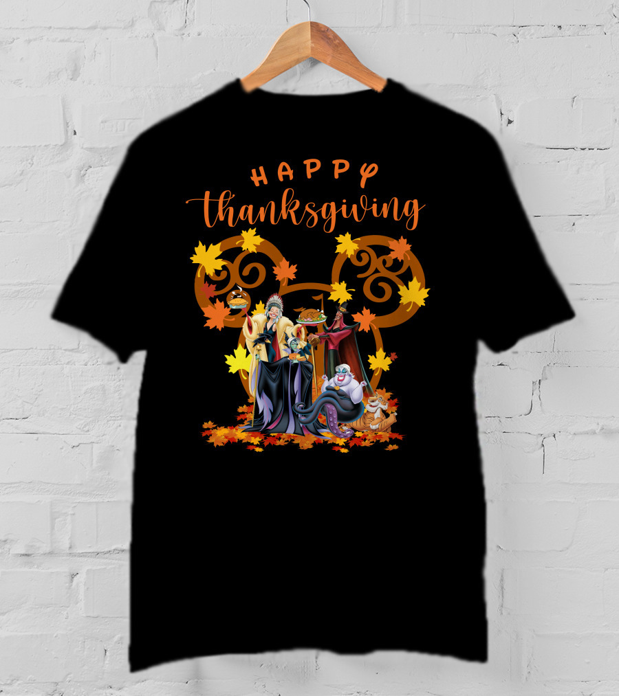 Happy Thanksgiving Disney Villains With Mickey Mouse Leaf Background T-Shirt