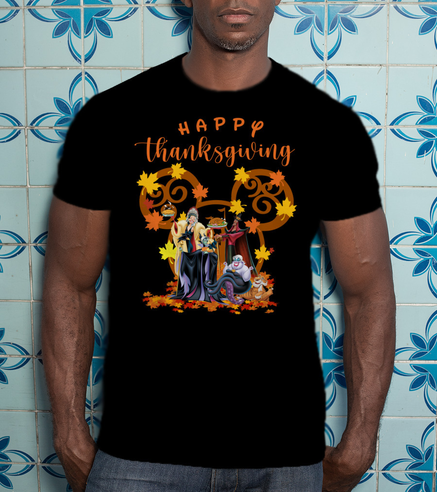 Happy Thanksgiving Disney Villains With Mickey Mouse Leaf Background T-Shirt
