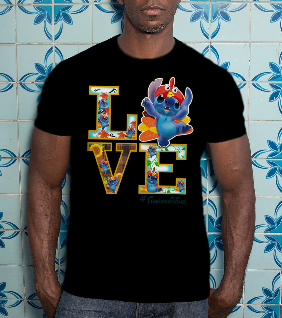 LOVE Stitch Happy Thanksgiving Turkey Costume Autumn Leaves T-Shirt