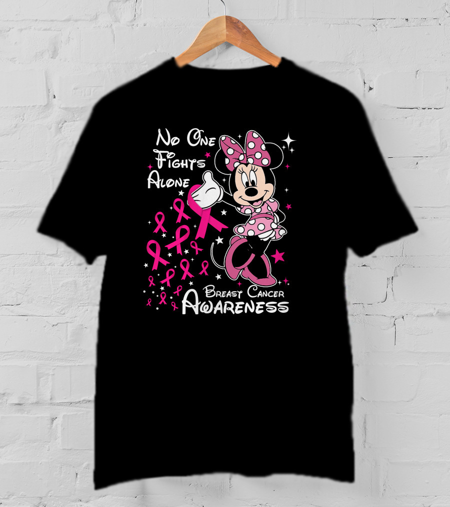 No One Fights Alone Breast Cancer Awareness Minnie Mouse Pink T-Shirt