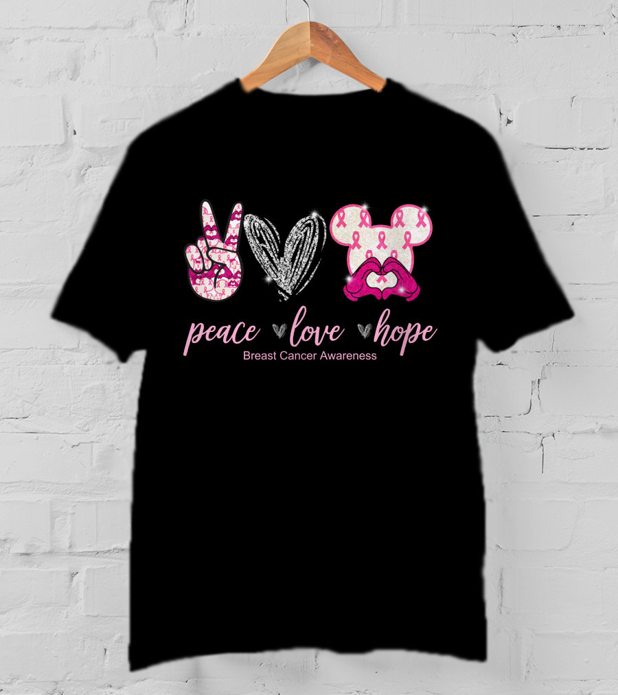 Peace Love Hope Breast Cancer Awareness Pink Ribbon Mickey T-Shirt